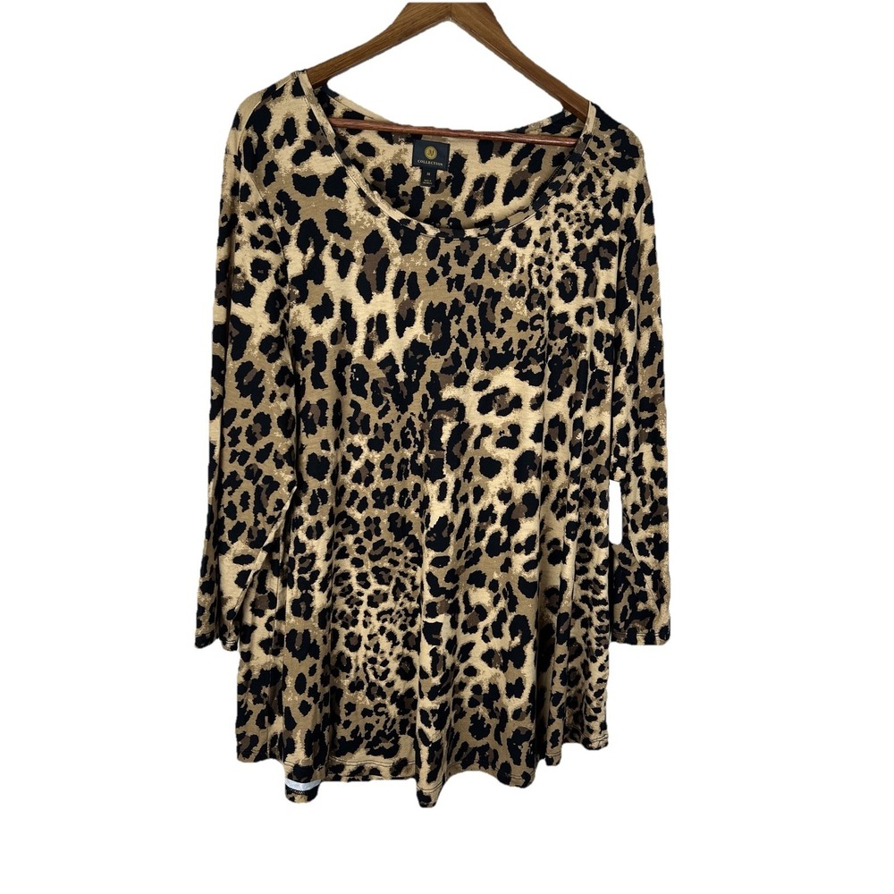 JM Collection Leopard Print Tunic Top Women's Plus Sz 3X 3/4 Sleeve Knit Stretch